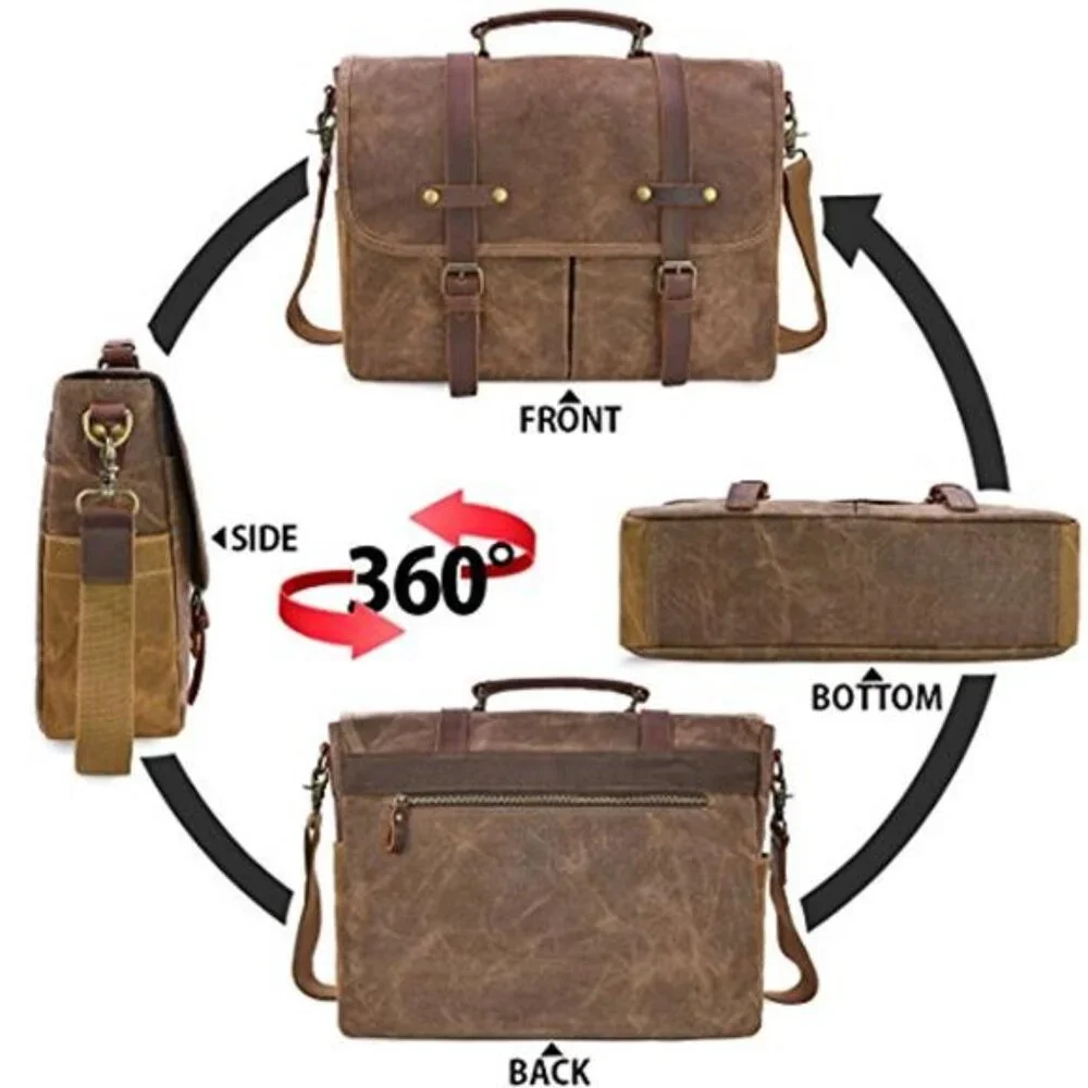 Mens Messenger Bag 15.6 Inch Waterproof Vintage Genuine Leather Waxed Canvas